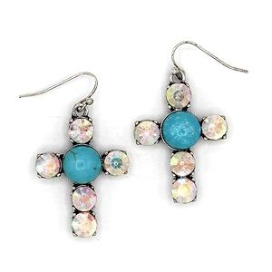 Turquoise & Aurora Semi Precious Crystal Cross Drop Earrings - Women Jewelry